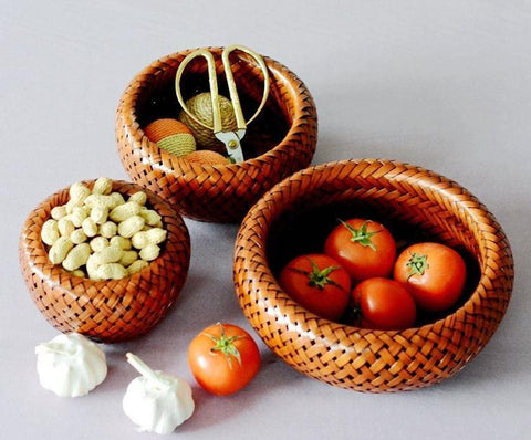 Farmhouse Small Storage Basket, Woven Snacks Basket, Bamboo Storage Basket, Round Storage Basket for Kitchen, Set of 3-artworkcanvas