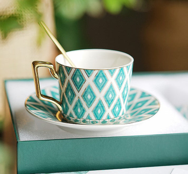 Afternoon Green British Tea Cups, Unique Ceramic Coffee Cups, Creative Bone China Porcelain Tea Cup Set, Traditional English Tea Cups and Saucers-artworkcanvas