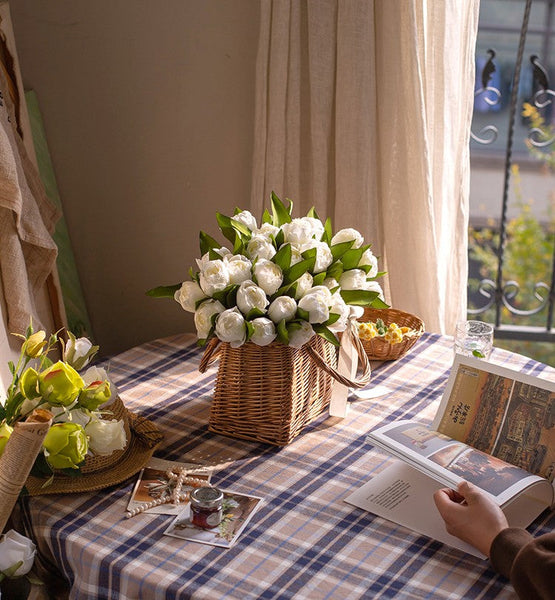 Spring Artificial Floral for Dining Room Table, White Tulip Flowers, Bedroom Flower Arrangement Ideas, Simple Modern Floral Arrangement Ideas for Home Decoration-artworkcanvas