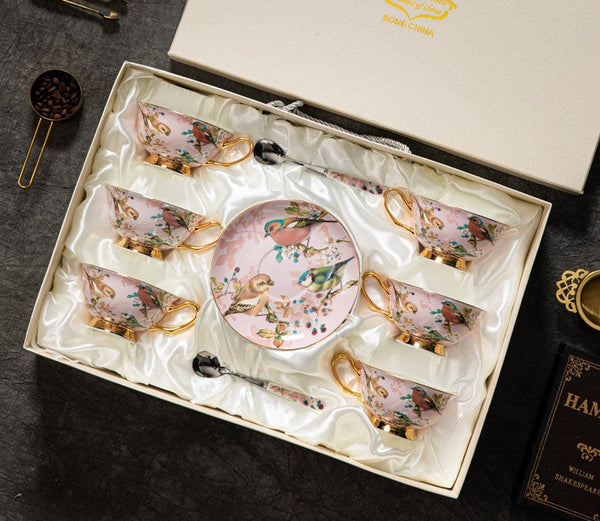 Unique Tea Cup and Saucer in Gift Box, Lovely Birds Ceramic Cups, Elegant Ceramic Coffee Cups, Afternoon Bone China Porcelain Tea Cup Set-artworkcanvas