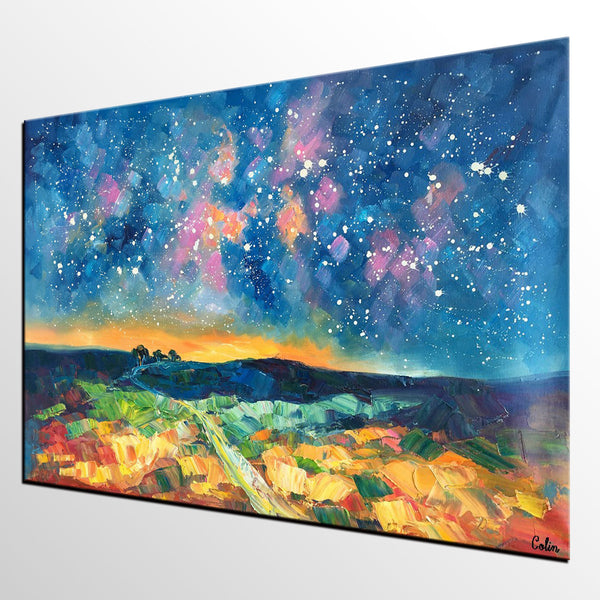 Starry Night Landscape Painting, Large Canvas Art Painting, Custom Large Oil Painting-artworkcanvas