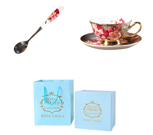 Ceramic Tea Cups and Saucers in Gift Box, Rose Flower Royal Bone China Porcelain Tea Cup Set, Elegant Ceramic Coffee Cups, Beautiful British Tea Cups-artworkcanvas