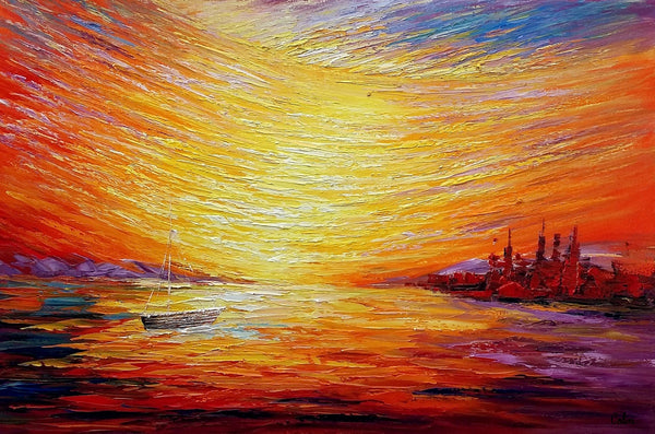 Sail Boat at Sea, Sunrise Painting, Oil Painting, Wall Art, Canvas Painting, Impasto Art-artworkcanvas