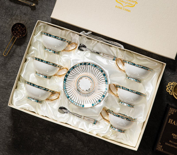 Unique Tea Cup and Saucer in Gift Box, Elegant British Ceramic Coffee Cups, Bone China Porcelain Tea Cup Set for Office, Green Ceramic Cups-artworkcanvas
