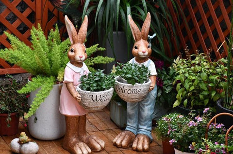 Garden Courtyard Ornament Ideas, Large Rabbit Lovers Statue for Garden, Bunny Flowerpot, Villa Outdoor Decor Gardening Ideas, Small Garden Design Ideas-artworkcanvas