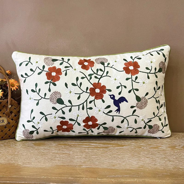 Bird Spring Flower Decorative Throw Pillows, Farmhouse Sofa Decorative Pillows, Embroider Flower Cotton Pillow Covers, Flower Decorative Throw Pillows for Couch-artworkcanvas