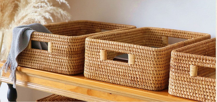 Rectangular Storage Baskets, Storage Baskets for Shelves, Woven Rattan