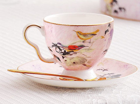 Elegant Pink Ceramic Coffee Cups, Unique Bird Flower Tea Cups and Saucers in Gift Box as Birthday Gift, Beautiful British Tea Cups, Royal Bone China Porcelain Tea Cup Set-artworkcanvas
