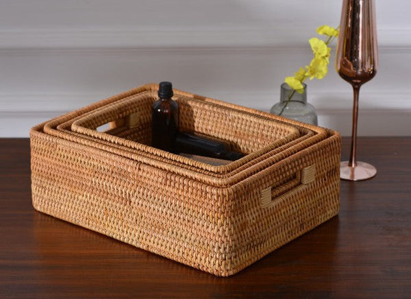Woven Rectangular Basket with Handle, Rattan Storage Basket for Shelves, Woven Storage Baskets for Bathroom-artworkcanvas