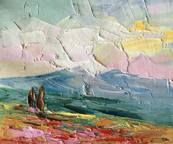 Abstract Landscape Painting, Autumn Cypress Tree Painting, Small Oil Painting, Heavy Texture Oil Painting, 10X12 inch-artworkcanvas