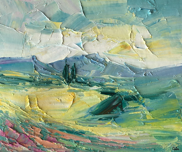 Spring Mountain Cypress Tree Painting, Landscape Painting, Small Oil Painting, Heavy Texture Oil Painting, 10X12 inch-artworkcanvas