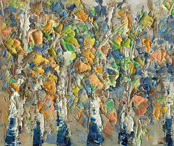 Abstract Painting, Autumn Birch Tree Painting, Small Oil Painting, Heavy Texture Art-artworkcanvas