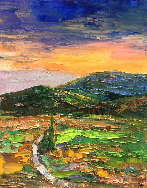 Abstract Landscape Painting, Mountain and Cypress Tree Painting, Small Oil Painting, Original Artwork, 16X19 inch-artworkcanvas