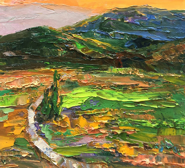 Abstract Landscape Painting, Mountain and Cypress Tree Painting, Small Oil Painting, Original Artwork, 16X19 inch-artworkcanvas