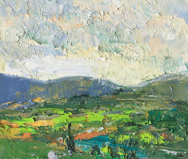 Abstract Landscape Painting, Cypres and Mountain Painting, Small Oil Painting, Impasto Art-artworkcanvas