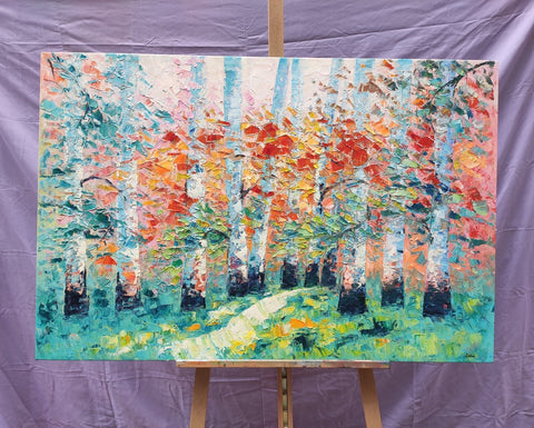 Custom Canvas Painting, Abstract Landscape Painting, Autumn Birch Tree, Canvas Painting-artworkcanvas