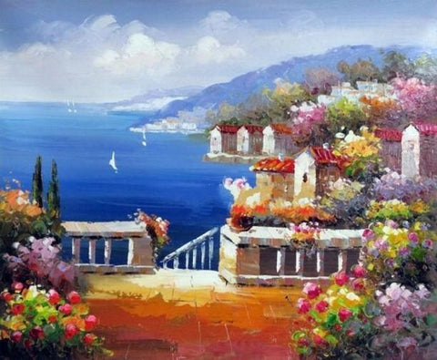 Landscape Painting, Wall Art, Canvas Painting, Heavy Texture Painting, Living Room Wall Art, Oil Painting, Wall Painting, Canvas Art, Italian Summer Resort-artworkcanvas