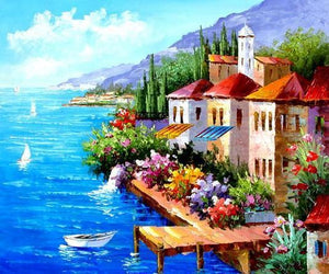 Landscape Painting, Mediterranean Sea Painting, Canvas Painting, Wall Art, Large Painting, Bedroom Wall Art, Oil Painting, Canvas Art, Boat Painting, Italy Summer Resort-artworkcanvas