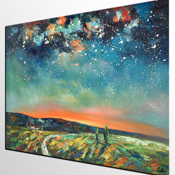 Abstract Landscape Oil Painting, Starry Night Sky Painting, Custom Large Canvas Painting, Heavy Texture Painting-artworkcanvas