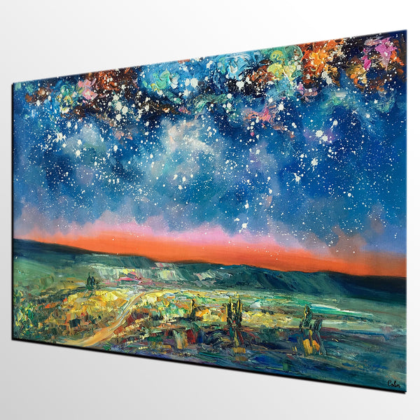 Landacape Canvas Painting, Starry Night Sky Painting, Original Landscape Painting, Heavy Texture Art Painting, Palette Knife Painting-artworkcanvas