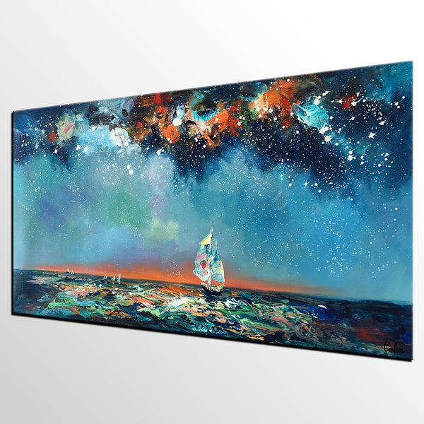 Custom Extra Large Wall Art, Office Painting, Sail Boat under Starry Night Painting, Seascape Painting, Original Artwork-artworkcanvas