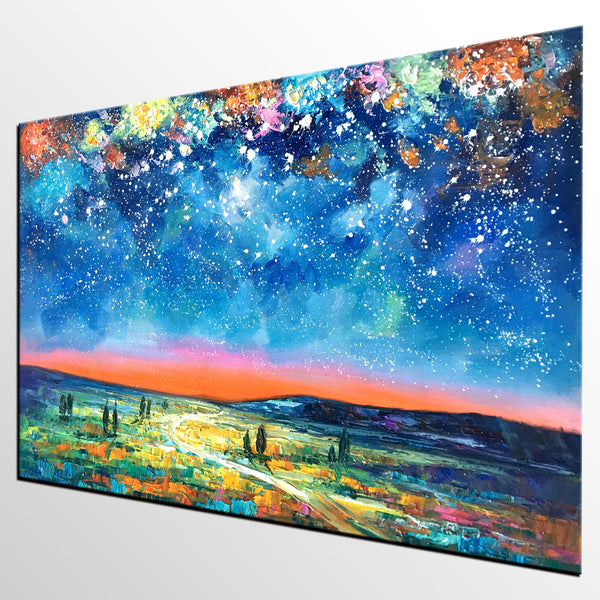 Landscape Oil Paintings, Starry Night Sky Painting, Custom Artwork, Heavy Texture Oil Painting, Landscape Painting for Living Room-artworkcanvas