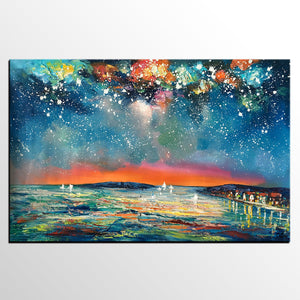 Buy Art Online, Abstract Art for Sale, Sail Boat under Starry Night Sky Painting, Custom Art-artworkcanvas