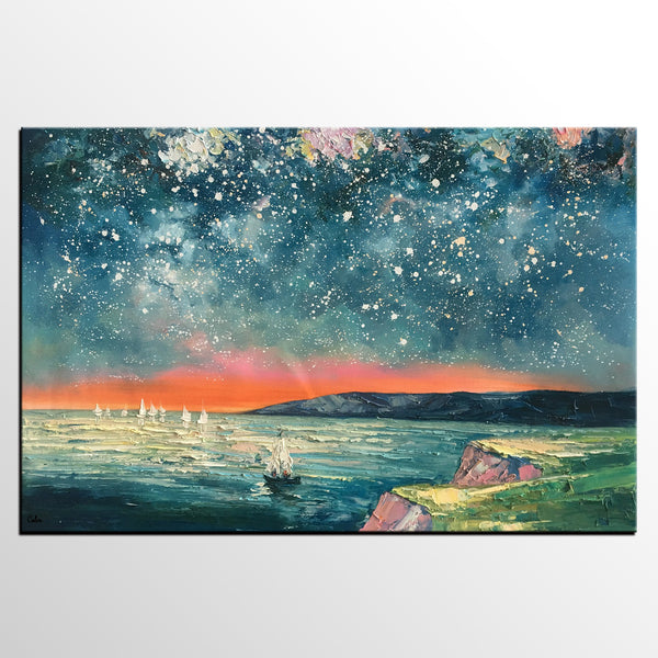 Heavy Texture Painting, Landscape Oil Painting, Starry Night Sky Painting, Custom Large Canvas Painting-artworkcanvas