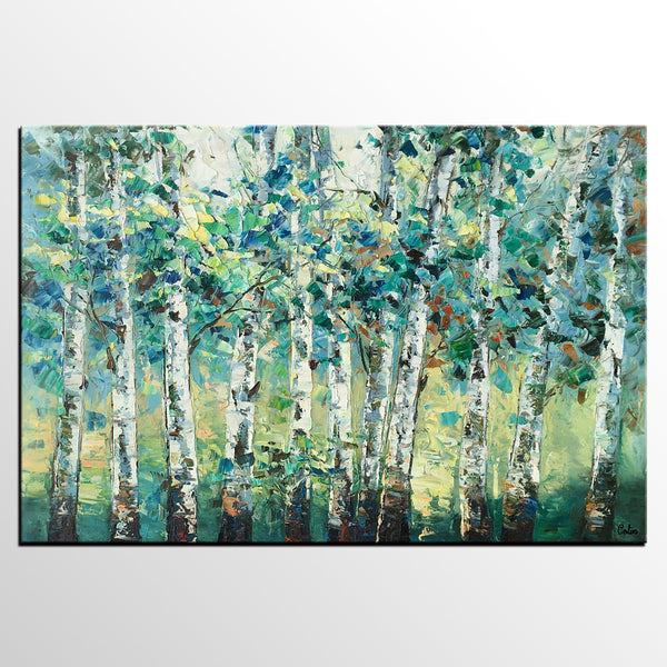 Heavy Texture Canvas Painting, Abstract Landscape Painting, Custom Canvas Painting, Autumn Birch Tree-artworkcanvas