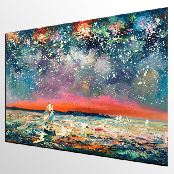 Landscape Canvas Painting, Sail Boat under Starry Night Sky, Canvas Painting for Sale, Custom Landscape Wall Art Paintings, Original Landscape Painting-artworkcanvas