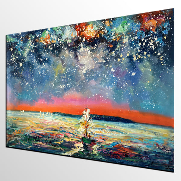 Canvas Painting, Abstract Art, Sail Boat under Starry Night Sky, Custom Landscape Wall Art, Original Painting-artworkcanvas
