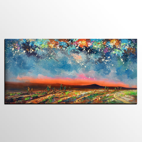 Starry Night Sky Painting, Custom Landscape Painting, Canvas Painting for Bedroom-artworkcanvas