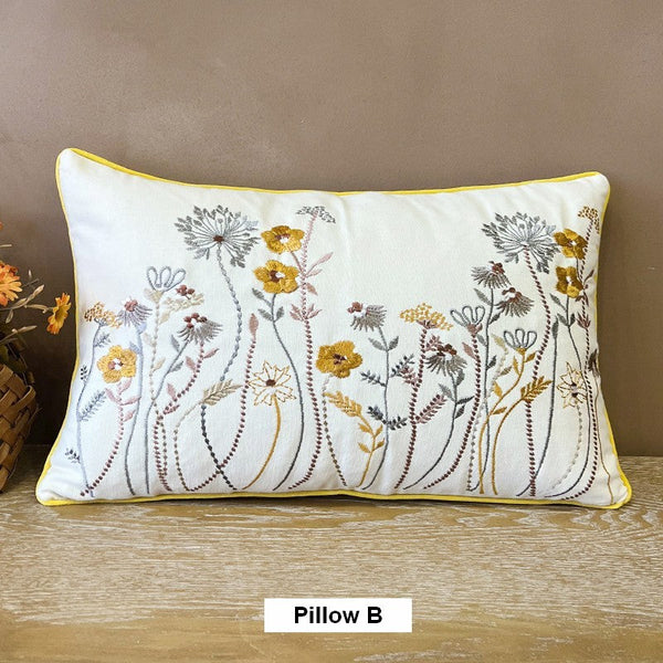 Simple Decorative Throw Pillows for Couch, Spring Flower Decorative Throw Pillows, Embroider Flower Cotton Pillow Covers, Farmhouse Sofa Decorative Pillows-artworkcanvas