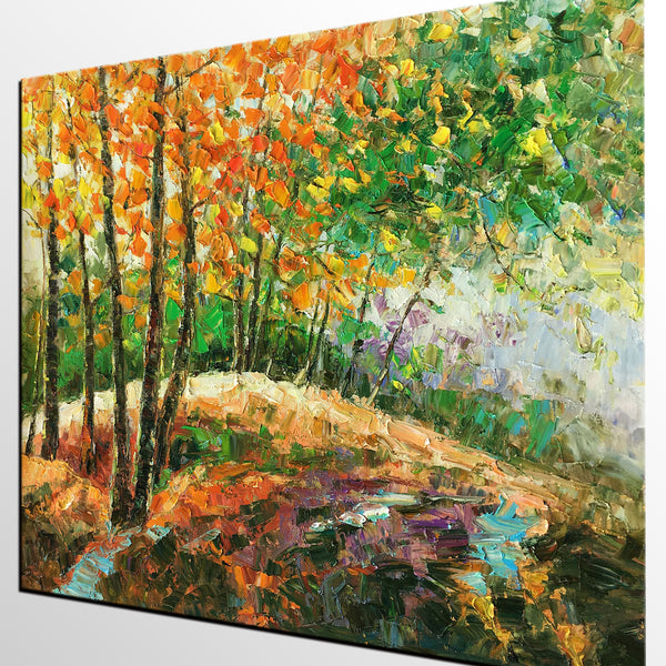 Abstract Art Painting, Autumn Tree and Lake Painting, Landscape Art, Canvas Wall Art, Autumn Tree Painting-artworkcanvas