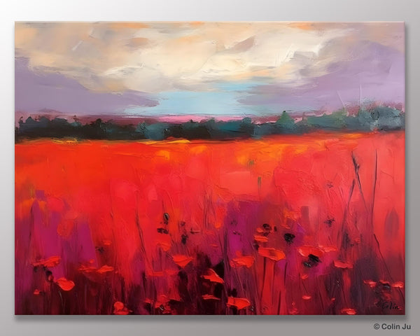 Simple Modern Art, Original Landscape Painting, Landscape Paintings for Living Room, Poppy Filed Canvas Paintings, Large Wall Art Paintings-artworkcanvas
