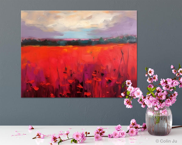 Simple Modern Art, Original Landscape Painting, Landscape Paintings for Living Room, Poppy Filed Canvas Paintings, Large Wall Art Paintings-artworkcanvas