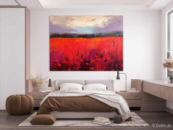 Simple Modern Art, Original Landscape Painting, Landscape Paintings for Living Room, Poppy Filed Canvas Paintings, Large Wall Art Paintings-artworkcanvas