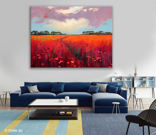 Acrylic Abstract Art, Landscape Canvas Paintings, Red Poppy Flower Field Painting, Landscape Acrylic Painting, Living Room Wall Art Paintings-artworkcanvas