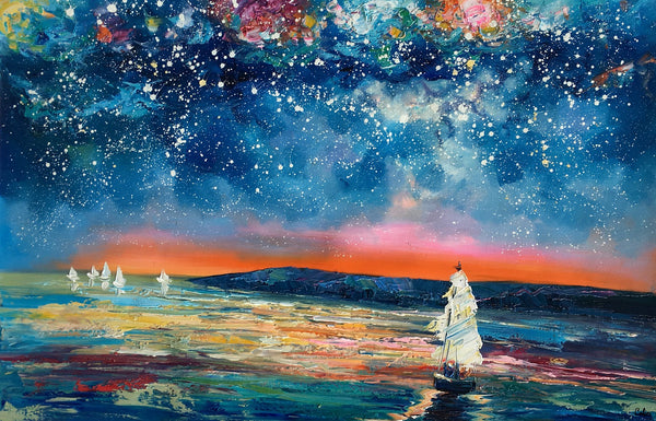 Canvas Painting, Abstract Art for Sale, Sail Boat under Starry Night Sky Painting, Custom Art, Buy Art Online-artworkcanvas