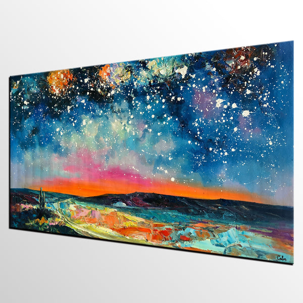 Starry Night Sky Painting, Abstract Artwork Painting, Original Landscape Oil Painting, Heavy Texture Painting-artworkcanvas