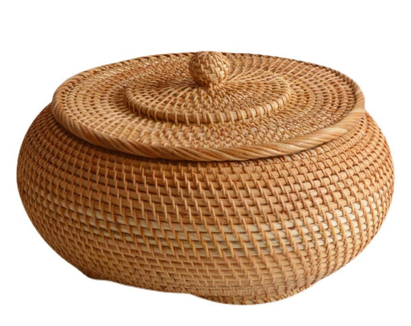 Woven Storage Basket for Kitchen, Round Storage Basket, Rattan Baskets, Small Storage Baskets, Handmade Storage Baskets, Round Storage Basket with Lid-artworkcanvas