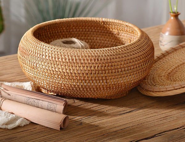 Woven Storage Basket for Kitchen, Round Storage Basket, Rattan Baskets, Small Storage Baskets, Handmade Storage Baskets, Round Storage Basket with Lid-artworkcanvas