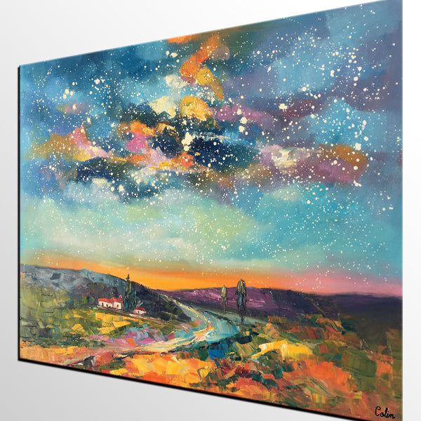 Canvas Wall Art, Abstract Landscape Art, Starry Night Sky, Bedroom Wall Art, Custom Abstract Art Painting, Oil Painting-artworkcanvas