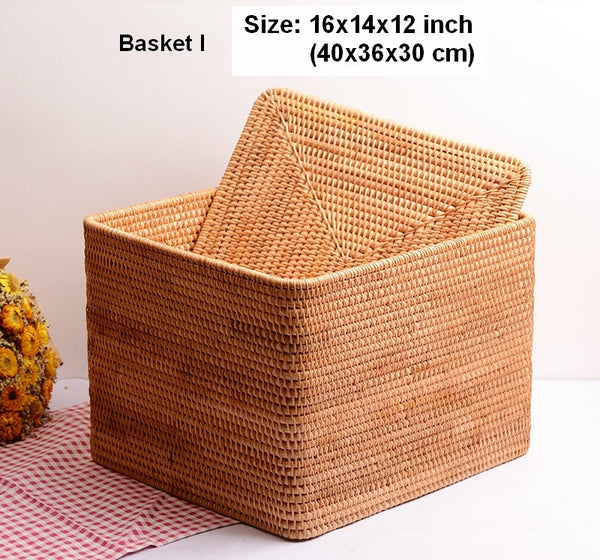 Large Storage Basket for Living Room, Storage Basket for Clothes, Woven Rattan Storage Baskets, Rectangular Storage Basket, Storage Basket with Lid-artworkcanvas