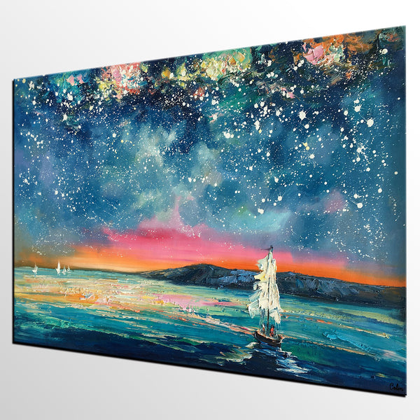 Landscape Oil Paintings, Sail Boat under Starry Night Sky Painting, Landscape Canvas Paintings, Custom Landscape Wall Art Paintings for Living Room-artworkcanvas