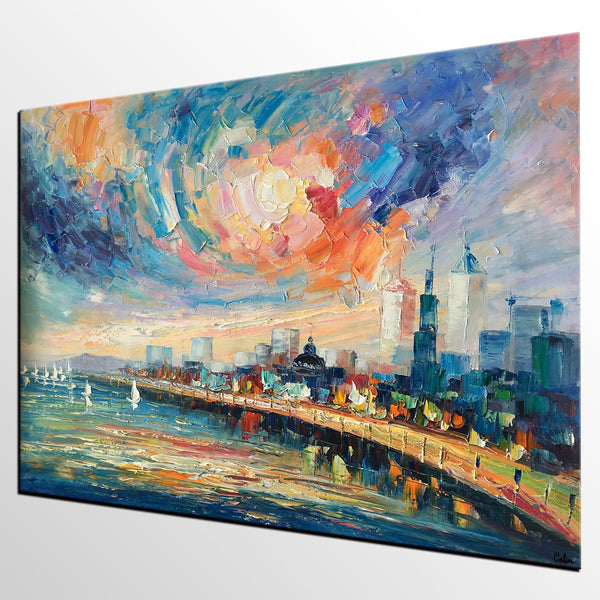 Abstract Landscape Painting, Original Oil Painting on Canvas, Custom Cityscape Painting, Palette Knife Painting-artworkcanvas
