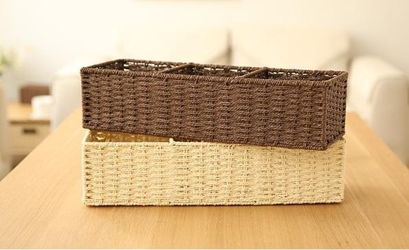 Woven Straw Storage basket with 3 Compartments, Wicker Storage Basket, Rectangle Storage Basket for Living Room-artworkcanvas