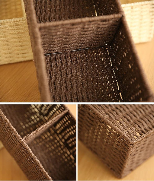 Woven Straw Storage basket with 3 Compartments, Wicker Storage Basket, Rectangle Storage Basket for Living Room-artworkcanvas