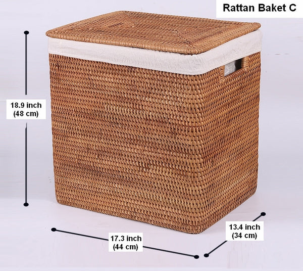 Storage Baskets for Bathroom, Rectangular Storage Baskets, Large Brown Rattan Storage Baskets, Storage Basket with Lid, Storage Baskets for Clothes-artworkcanvas