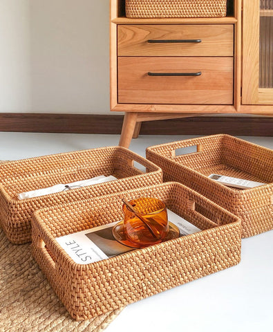 Woven Rectangular Basket with Handle, Rattan Storage Basket for Shelves, Woven Storage Baskets for Bathroom-artworkcanvas